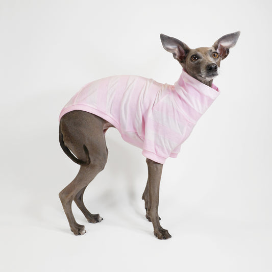 Dog wearing a pink eco-friendly cotton t-shirt made from GOTS-certified materials by LE PUP. Standing Side Shot.