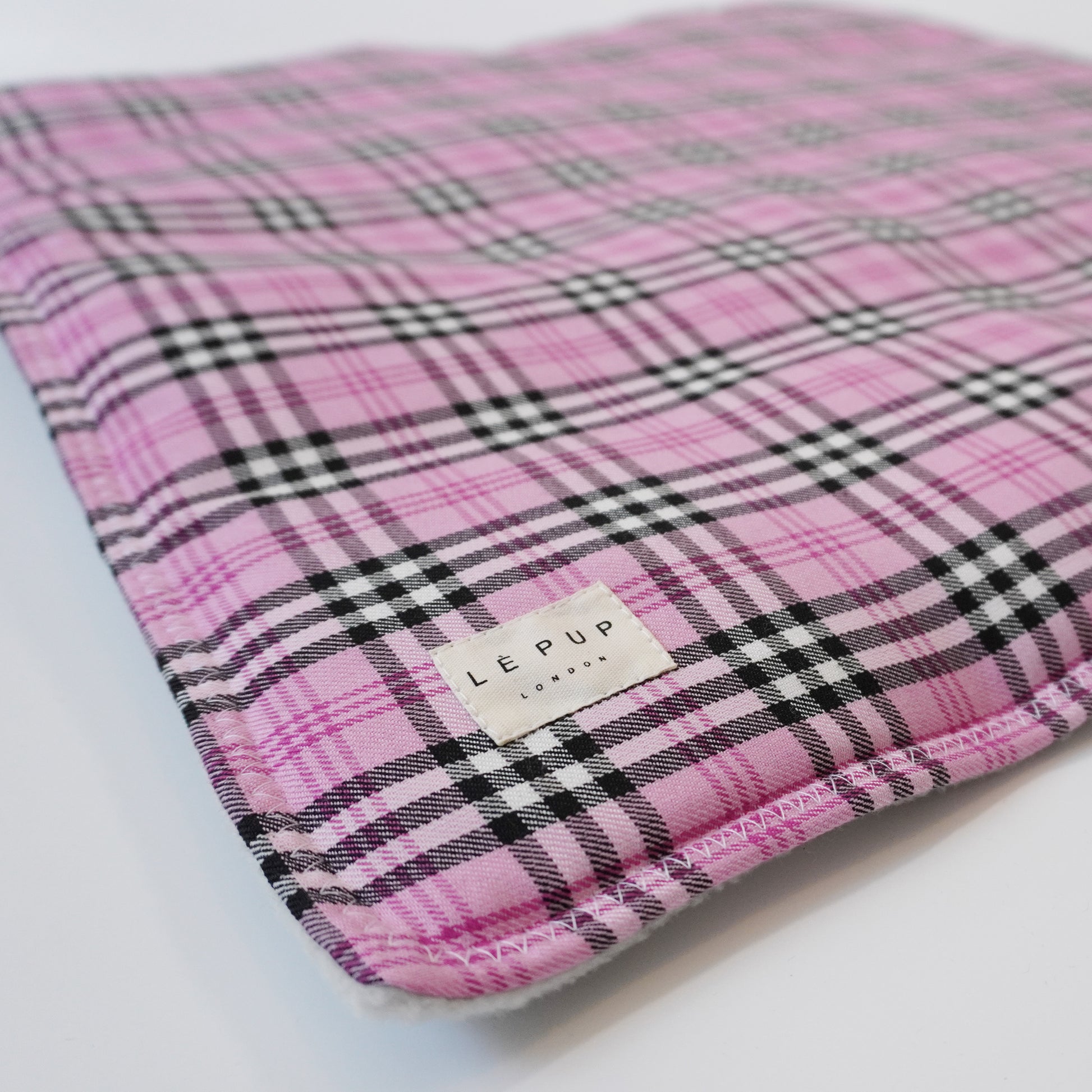Handmade dog travel mat and bed in pink plaid by LE PUP.