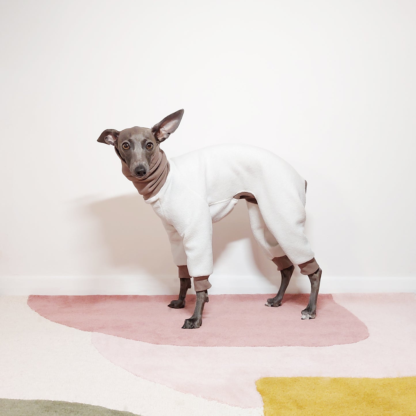 Side view of italian greyhound wearing bespoke made Dog clothes in fleece by LE PUP.