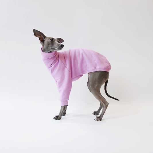 Side Shot of dog wearing Lilac sweatshirt fleece jumper made from eco-friendly/ oeko-tex  friendly materials by LÈ PUP.