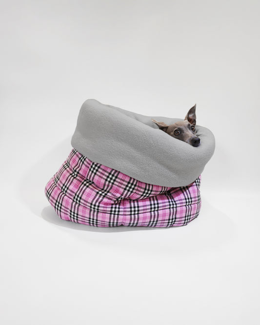 Italian greyhound peeping from thick pink tartan dog snuggle pet bed by LE PUP.