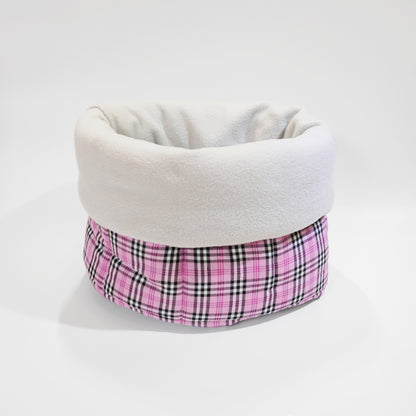 Foldable dog travel snuggle sack in pink tartan by LE PUP.