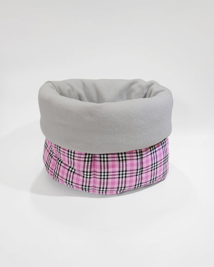 Foldable dog travel snuggle sack in pink tartan by LE PUP.