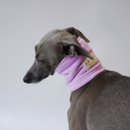 Side view of Whippet wearing dog snood neck warmer handmade by LE PUP.