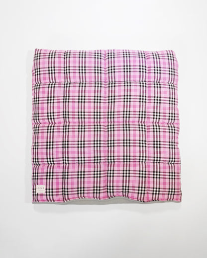 Top view of showing quilted snuggle sack in pink tartan for small breed by LE PUP.