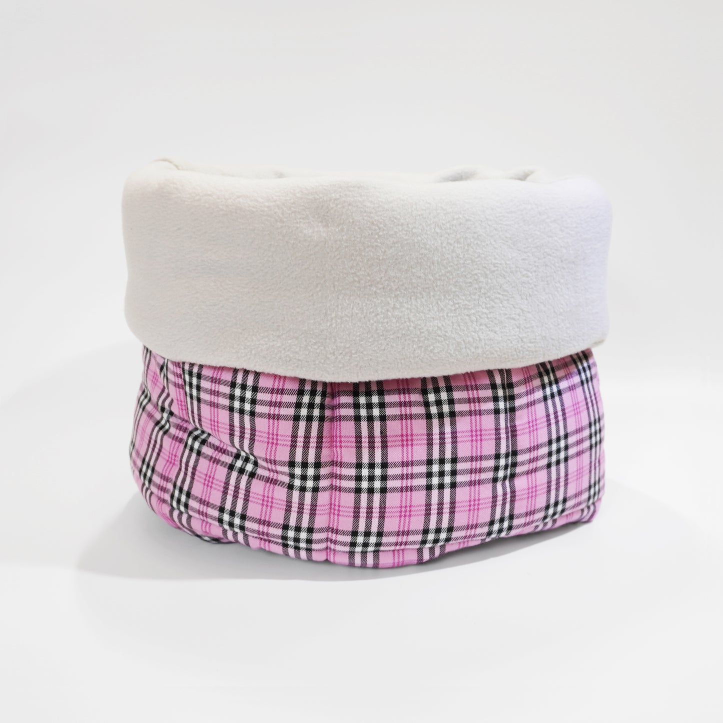 Dog burrowing bed in pink tartan with light grey soft fleece by LE PUP.