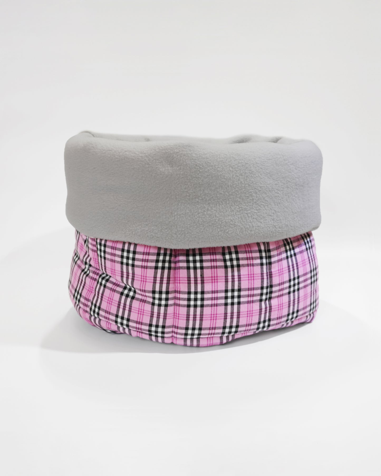 Dog burrowing bed in pink tartan with light grey soft fleece by LE PUP.