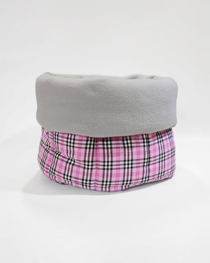 Dog burrowing bed in pink tartan with light grey soft fleece by LE PUP.
