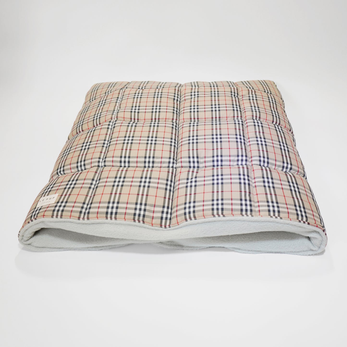 British classic tartan quilted dog travel bed laid flat handmade by LE PUP.