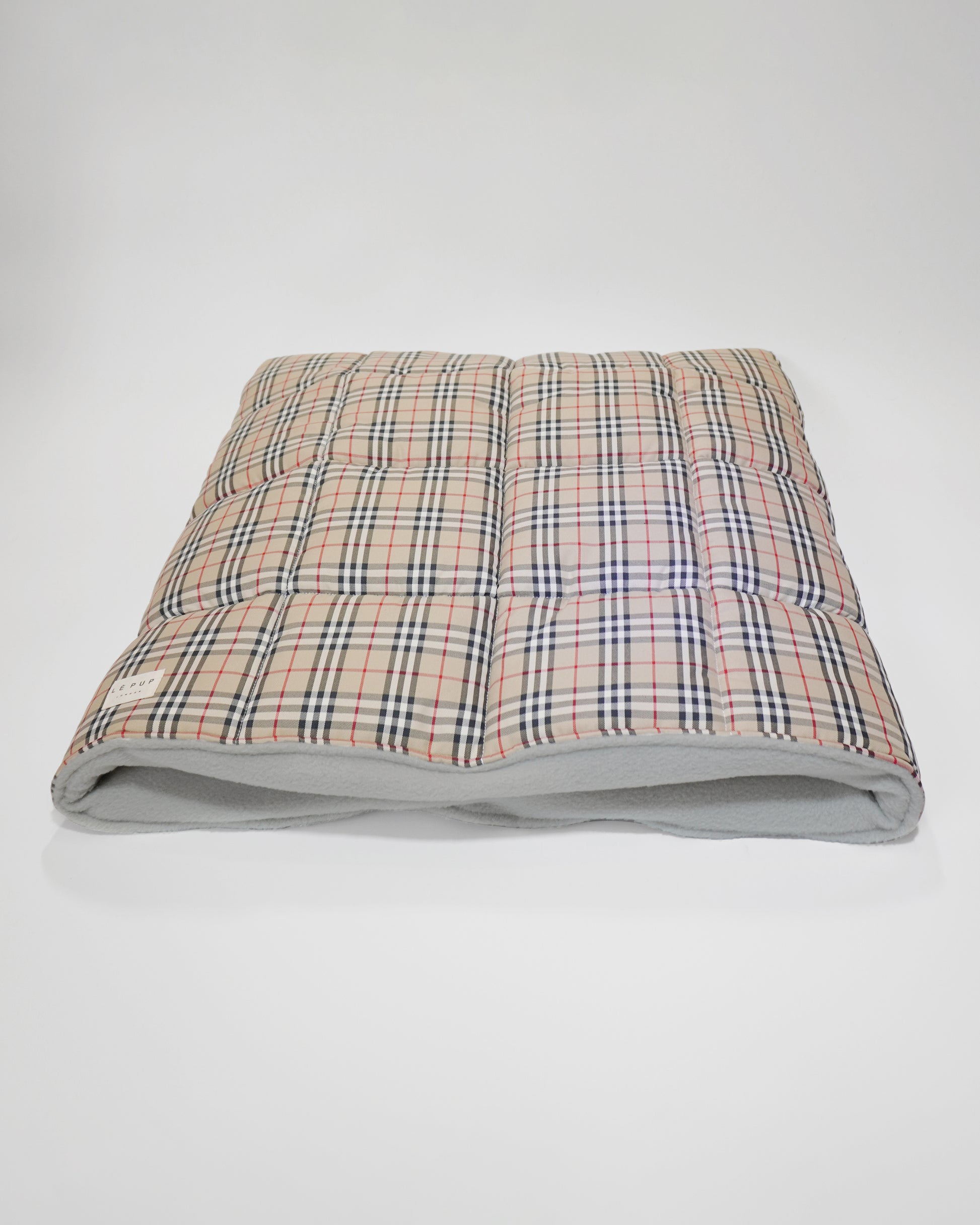 British classic tartan quilted dog travel bed laid flat handmade by LE PUP.