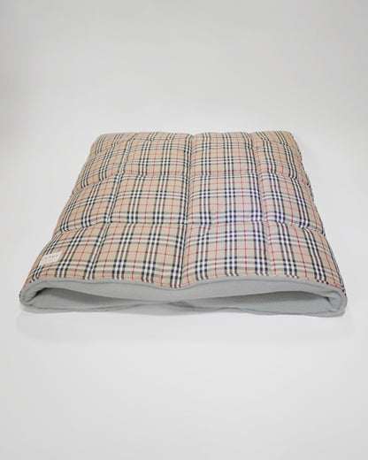 British classic tartan quilted dog travel bed laid flat handmade by LE PUP.