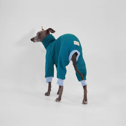 Side standing Italian Greyhound in warm deep teal dog onesie with light blue ribbing made from OEKO-TEX certified fabrics by LE PUP.