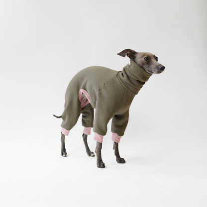 Handmade olive green and pink dog sweatshirt onesie for sighthounds
