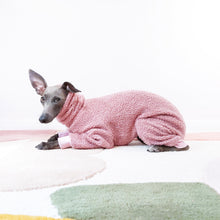 Load image into Gallery viewer, Italian greyhound and whippet pink fleece dog onesie worn by Tofu the Italian greyhound
