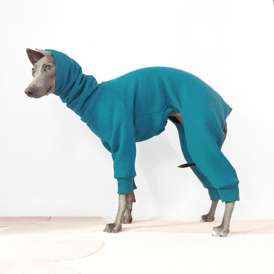 Italian Greyhound in a soft sweatshirt fabric onesie with an extended snood for warmth by LE PUP.