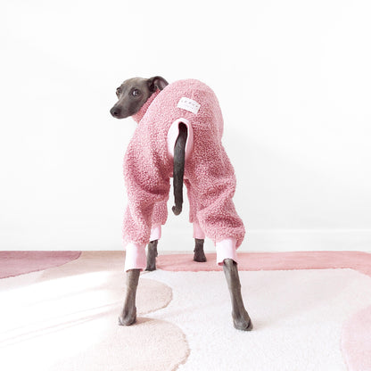 Photo from behind of an Italian greyhound wearing soft and fluffy sherpa fleece onesie by Le Pup
