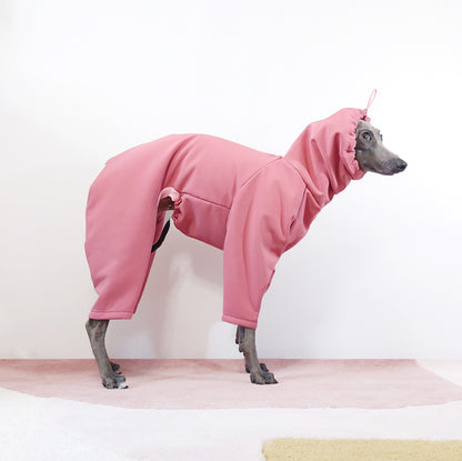 Side view of Italian greyhound dog wearing a waterproof luxury bespoke softshell dog raincoat with long snood by LE PUP.