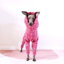 Load image into Gallery viewer, Cute italian greyhound wearing pink tartan jumpsuit for dogs by Le Pup
