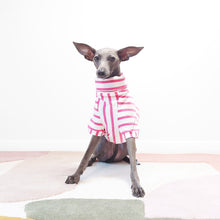Load image into Gallery viewer, Cute whippet sitting wearing a pink organic t-shirt for dogs by Le Pup London
