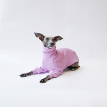 Load image into Gallery viewer, Iggy sitting wearing a LÈ PUP bespoke dog jumper made from eco-friendly oeko tex lilac fleece sweatshirt
