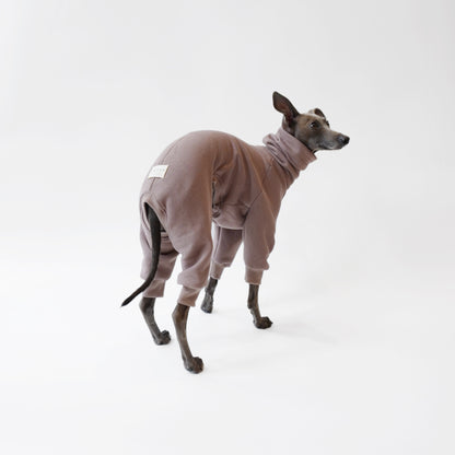 Back view of whippet wearing bespoke made dog clothes with elasticated waist and easy toileting by LE PUP.