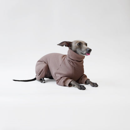 Tofu the Italian greyhound sitting in a cappuccino fleece dog onesie jumpsuit made to measure by LE PUP.