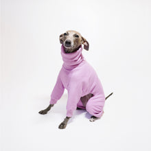 Load image into Gallery viewer, Cute Italian greyhound sitting in her bespoke lilac fleece dog onesie
